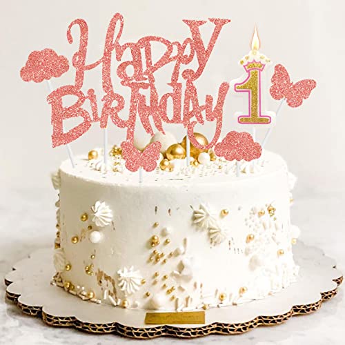 Tortendeko 1. Geburtstag für Mädchen mit Kerzen 1, Rosegold Happy Birthday Cake Topper, Erster - 1st Kuchen Dekoration Kuchendekoration Kuchendeko für Mädchen Junge Kindergeburtstag Baby von Deo Doo