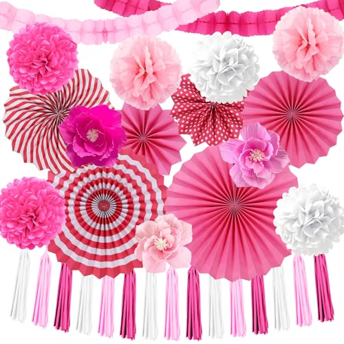 Deorfuy Hot Pink Party Dekorationen – 20 Stück Hot Pink Blumen Papierfächer Blumen Papierquaste Girlande Pom Poms Mädchen Geburtstagsdekoration für Junggesellinnenabschied, Hochzeit, Verlobung von Deorfuy