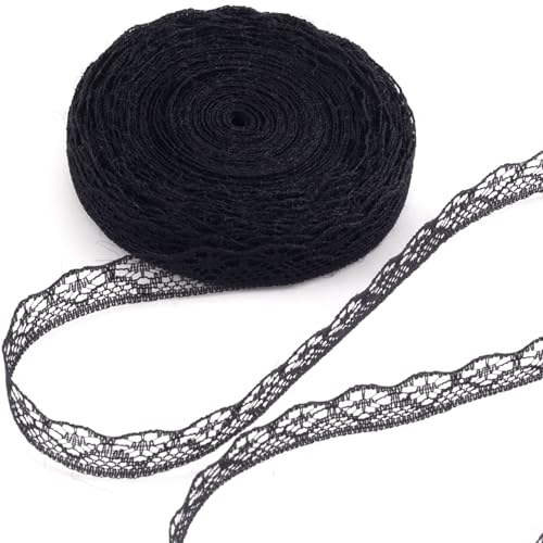 Deozu 10 Yards Spitzenborte, Vintage gehäkelte Spitzenbänder, Stickerei gewellte Kante Schnürsenkel für DIY Handwerk Blumenstrauß Nähen Hochzeit Verpacken Dekoration (schwarz, 1,3 cm breit) von Deozu