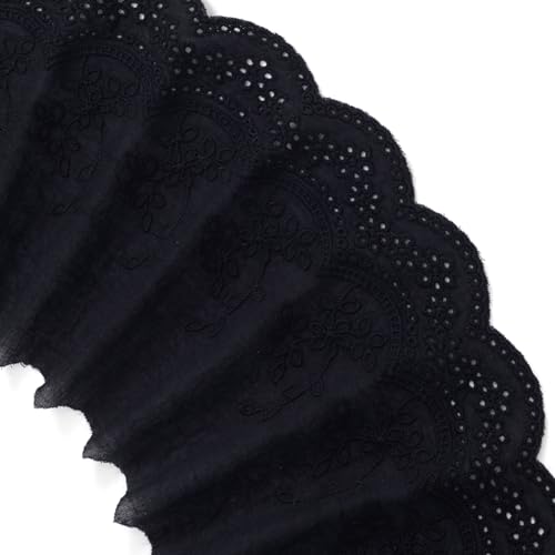 Deozu 4,57 m schwarze Baumwoll-Spitzenborte mit Ösen, Baumwollstickerei, Blumenmuster, gewellte Spitze zum Nähen, Kleider, Kleidung, Tasche (20 cm breit) von Deozu
