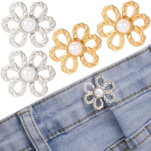 Deozu 4 Sets verstellbare Taillenstrafferknöpfe für Frauen, abnehmbare Jeans-Taillenstraffer, kein Nähen Hosen-Taillenspanner für Frauen, Jeans-Strumpfhalter für die Taille (Gold, Silber, Blume) von Deozu