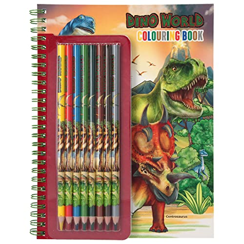 Depesche 11385 Dino World - Malbuch inklusive kleinem Stifte-Set aus 8 Buntstiften, einem Stickerbogen und vielen T-Rex, Dinosaurier und Dschungel-Motiven zum Ausmalen und Bekleben von Depesche