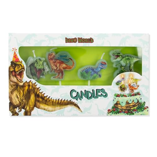 Depesche 11749 Dino World - Geburtstagskerzen Set mit 4 Kerzen aus grünem Wachs, mit coolen Dinosaurier-Motiven von Depesche