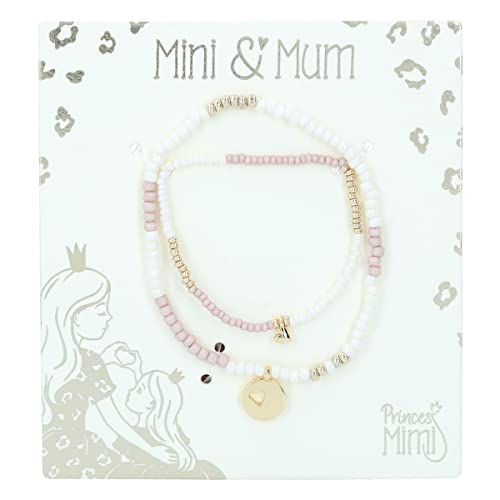 Depesche 12145 Princess Mimi Mini&Mum - 2er Armband-Set für Mutter und Tochter mit Herz-Anhänger, Perlen-Schmuck in Weiß, Gold und Rosa von Depesche