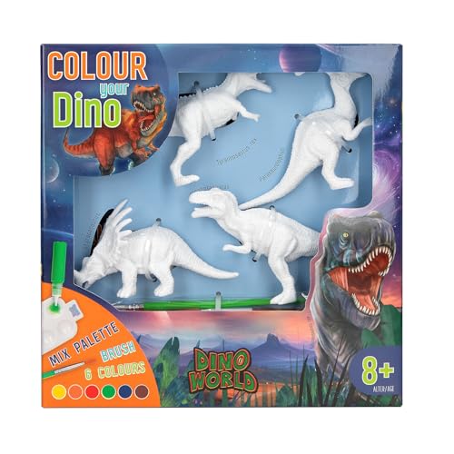 Depesche 12672 Dino World DIY Colour Your Dino - 4 Dinosaurier Figuren zum Selbergestalten, Set inkl. Acrylfarben, Pinsel, Palette und Anleitung von Depesche