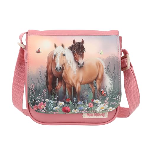 Depesche 12762 Miss Melody Flowers - Kleine Umhängetasche in Pink mit Pferde Motiv, Tasche mit Magnetverschluss und längenverstellbarem Tragegurt von Depesche