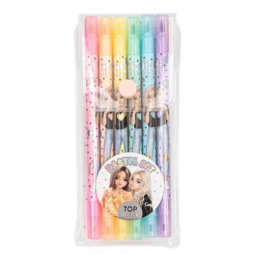 Depesche 13385 TOPModel - Fasermaler Set mit 6 Pastell-Farben im Etui, Doppel-Filzstifte mit je Einer Breiten und Einer dünnen Seite von Depesche
