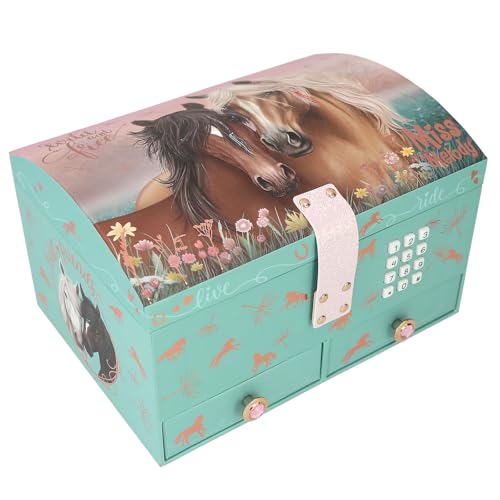 Depesche 13612 Miss Melody - Großes Schmuckkästchen in Türkis und Rosa, mit Pferde Motiv und roségoldenem Muster, Schmuckbox mit Code, Sound und Spiegel von Depesche