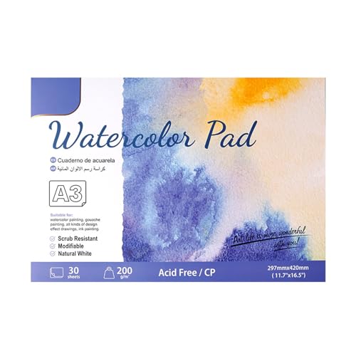 Depisuta Aquarellpapierpolster, 200g 30 Blätter Aquarell Skizzebook, Dicke Baumwollkünstler Malerei Zeichnen Papierbuch Kunstart für Kinder Kinder Erwachsene (SC06-A3) von Depisuta
