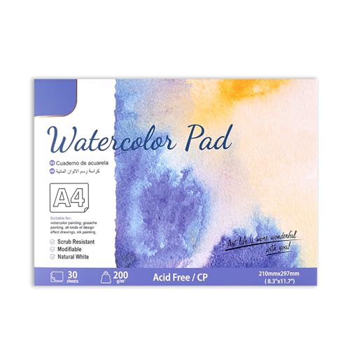 Depisuta Aquarellpapierpolster, 200g 30 Blätter Aquarell Skizzebook, Dicke Baumwollkünstler Malerei Zeichnen Papierbuch Kunstart für Kinder Kinder Erwachsene (SC06-A4) von Depisuta