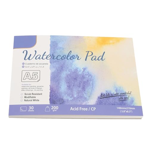 Depisuta Aquarellpapierpolster, 200g 30 Blätter Aquarell Skizzebook, Dicke Baumwollkünstler Malerei Zeichnen Papierbuch Kunstart für Kinder Kinder Erwachsene (SC06-A5) von Depisuta