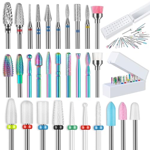 30-teiliges Nagelbohrer-Set mit 30-Loch-Halter, 3/32 Zoll 12-teilige Wolframkarbid-Bits, 7 Diamant-Karbid-Bohrer für Nägel, 7 Keramik-nagelfräser bit und 2 Quarz-Nagel-Spitz-Nagel-Bits für Nagelbohrer von Depvko