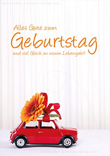 3 Stück Doppelkarte mit Kuvert, Karte, Grußkarte, Geburtstagskarte rotes Auto mit Blume "Alles Gute zum Geburtstag" von Der-Karten-Shop.de