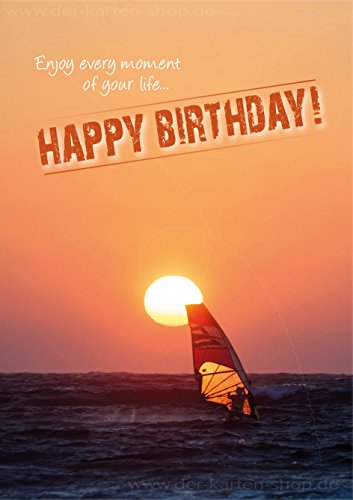 3 Stück Doppelkarte mit Kuvert Karte Geburtstagskarte Geburtstag Windsurfer vor Sonnenuntergang "Happy Birthday" von Der-Karten-Shop.de