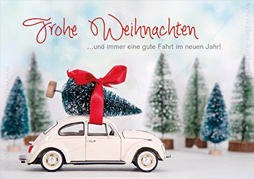 3 Stück Weihnachtskarten Doppelkarte mit Kuvert Karte Weihnachtskarte VW Käfer Weihnachtsbaum Christbaum "Frohe Weihnachten und immer eine gute Fahrt im neuen Jahr!" von Der-Karten-Shop.de