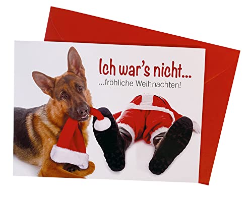 3 Stück Weihnachtskarten Doppelkarte mit Kuvert Weihnachten Weihnachtskarte Hund Schäferhund Nikolaus"Ich war's nicht" von Der-Karten-Shop.de