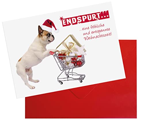 3 Stück Weihnachtskarten Karte Doppelkarte mit Kuvert Weihnachten Weihnachtskarte französische Bulldogge mit Geschenken "Endspurt... eine fröhliche und entspannte Weihnachtszeit!" von Der-Karten-Shop.de