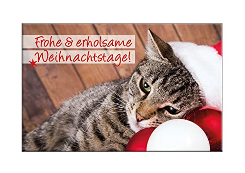 3 Stück kleine Weihnachtskarten, Klappkarten mit Kuvert, Geschenkanhänger 55 x 85 mm entspannte Katze "Frohe & erholsame Weihnachtstage!" von Der-Karten-Shop.de