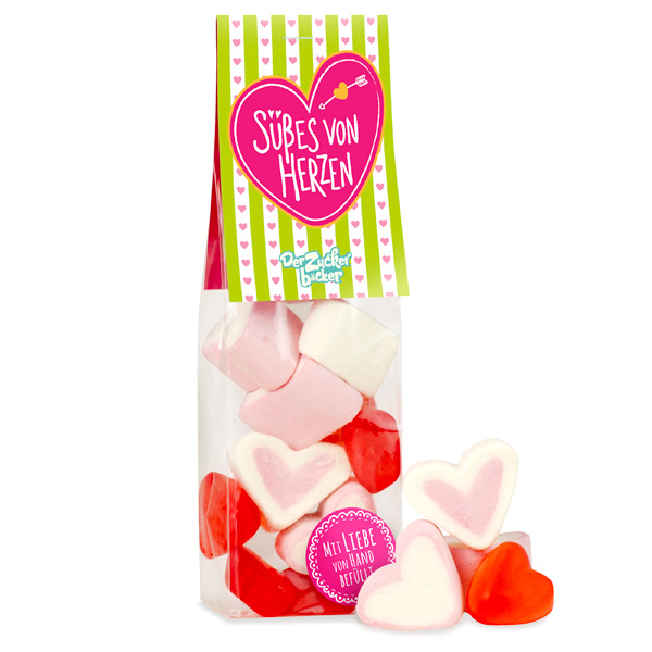 Süßes von Herzen, Schaumzucker- und Fruchtgummiherzen im Mix, 60g