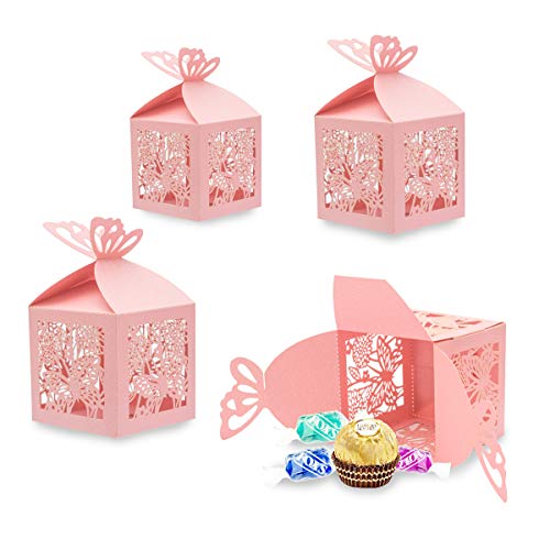 Derbway 30 Stück Schmetterlinge Papier Bonbons Geschenkbox Hochzeit Party Box für Geburtstag, Babyparty, Kommunion, Weihnachten (Rosa, quadratisch) von Derbway