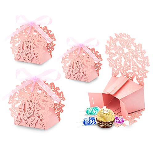 Derbway 30 Stück Rosa Schmetterling Hochzeit Geschenkbox mit Bändern, Gastgeschenk Kartonage klein Süßigkeiten Kartons, Tischdeko Favous Box,Kinder Party süße Boxen von Derbway