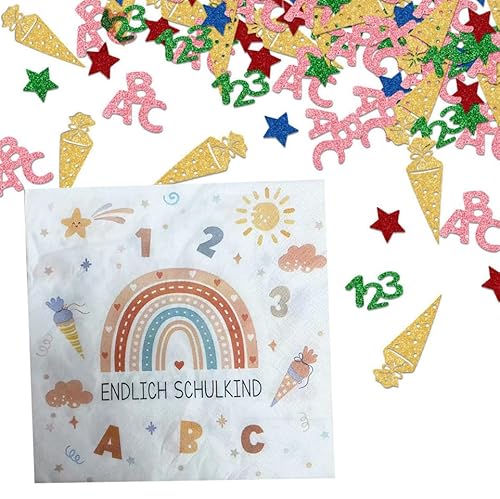 140 Stück Einschulung Deko Set-40 Servietten Einschulung+100 Tischdeko Glitzer Schulanfang 2025 Mädchen Junge Schulanfang Deko (40 Servietten Einschulung+100 Tischdeko) von Dercylele