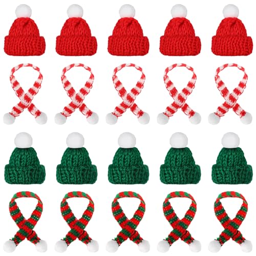 Dereine Mini Weihnachtsmütze, Nikolausmütze Klein, 20 Stück Kleine Weihnachtsmütze und Schal Set, Mini-Strickmütze Weihnachten für Weihnachten Weinflasche Abdeckung, Puppenhaus, Weihnachtsfeiern von Dereine