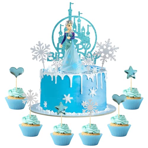 Tortendeko Geburtstag Mädchen, Schneeflocken deko Cupcake Topper Schloss Happy Birthday Cake Topper 26 Stück Kuchendeko mit figuren für Geburtstagsdeko von Dereine