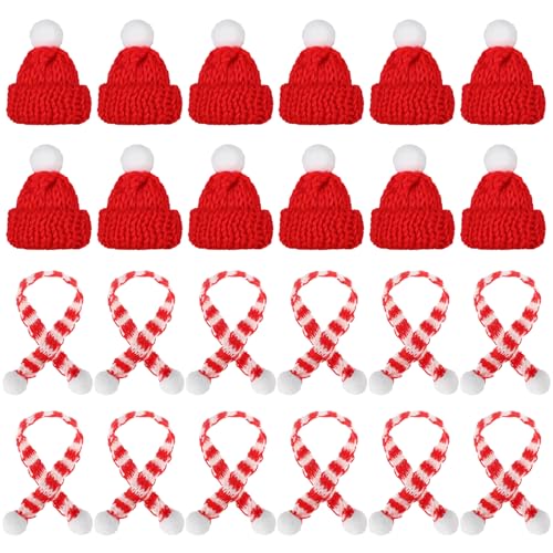 Mini Weihnachtsmütze, Nikolausmütze Klein, Kleine Weihnachtsmütze und Schal Set, 24 Stück Mini-Strickmütze des Weihnachten für Weihnachten Weinflasche Abdeckung, Puppenhaus, Weihnachtsfeiern von Dereine