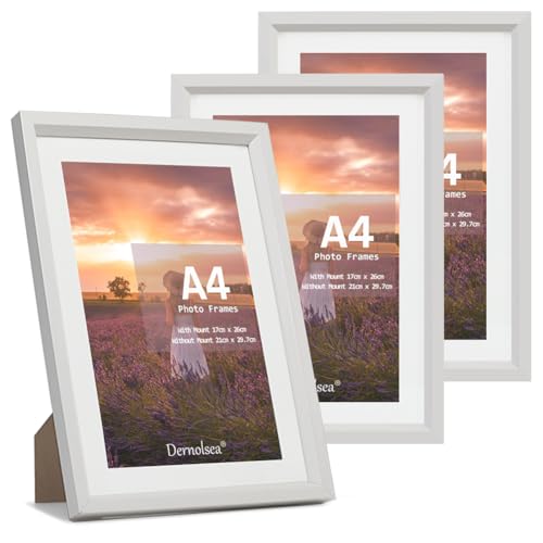Dernolsea Bilderrahmen A4 21x29,7 cm oder 21x30 cm Weiß, 3er Set A4 Fotorahmen mit Passepartout, Holzrahmen DIN A4, Urkundenrahmen A4 aus Holz, Holzbilderrahmen A4 für Wand- oder Tischaufsteller von Dernolsea