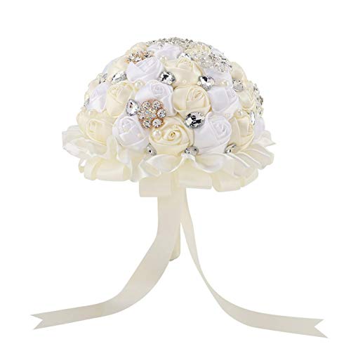 Deror Hochzeitsstrauß Kristall Braut Hochzeit Handstrauß mit künstlichen gefälschten Blumen(Elfenbeinweiß) von Deror