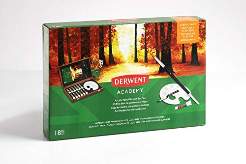 Derwent Academy Acryl Malset, Acrylfarben in einer Geschenk-Box aus Holz, 18er-Set Farben, Inklusive Pinsel, Mischpalette & Block, Academy-Serie, 2305674 von Derwent