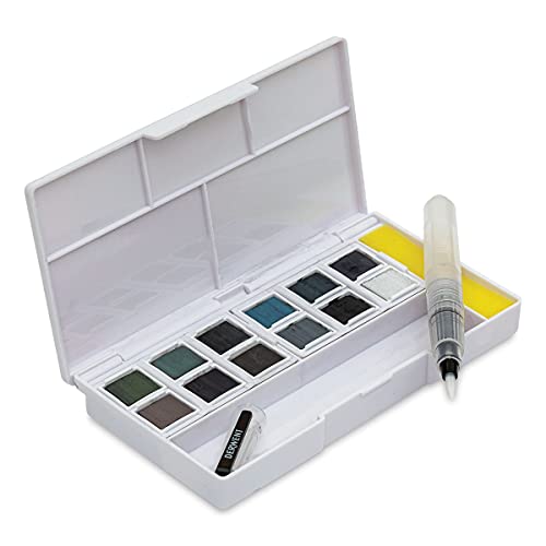 Derwent Getönten Kohlefarben, 12er Set, Tinted Charcoal Paint Pan Set, Wasserlöslich, Mischbar, Tragbar, Inklusive Mischpaletten, Mini-Wassertankpinsel & Schwamm, Professionelle Qualität, 2305872 von Derwent