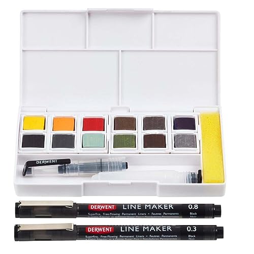 Derwent Line and Wash Farb-Set, Set mit 12 Sortierten Farbtöpfchen, Inklusive 2 x Fineliner-Stiften, 5 x Mischpaletten, 1 x Schwamm, Tragbares Farbset, 2305866 von Derwent