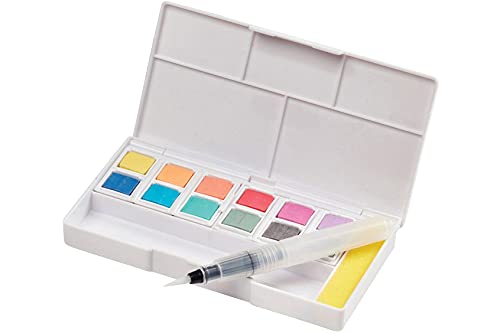 Derwent Pastellfarben-Set mit 12 Sortierten Pastellfarben-Töpfchen, Inklusive Mini-Wassertankpinsel, 5 x Mischpaletten, 1 x Schwamm, Tragbares Farbset, 2305865 von Derwent