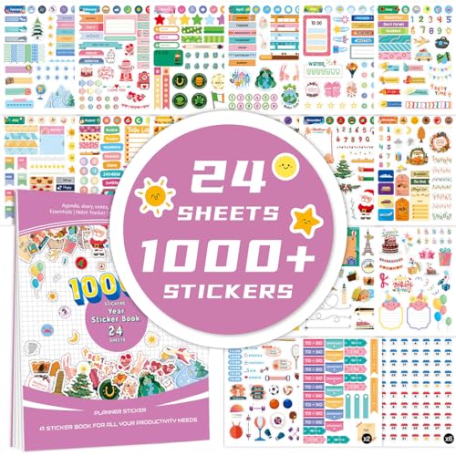 DeryArcle 24 Blätter/1100+ Planer Sticker Set, Aufkleber Urlaubsplaner Saisonal Aufkleber Bullet Journal Stickers für Dekorative Sammelalbum Kalender Notizblock (Typ A) von DeryArcle