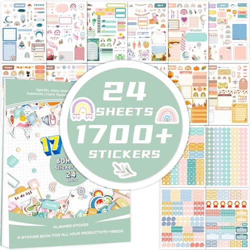 DeryArcle 24 Blätter/1700+ Bullet Journal Sticker, Planer Aufkleber Set Urlaubsplaner Saisonal Aufkleber für DIY Arbeit Planung Tagesplaner Aufgabenliste Handkonto Zubehör (Typ B) von DeryArcle