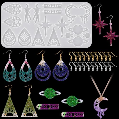 DeryArcle Silikonform Ohrringe Mond, Epoxidharz Formen Ohrring Stern Harzform Schmuck Gießform Anhänger mit 20 Stück Ohrringhaken Earring Resin Mold für DIY Schlüsselanhänger Halskette Handwerk Dekor DeryArcle Silikonform Ohrringe Mond, Epoxidharz Formen Ohrring Stern Harzform Schmuck Gießform Anhänger mit 20 Stück Ohrringhaken Earring Resin Mold für DIY Schlüsselanhänger Halskette Handwerk Dekor von DeryArcle