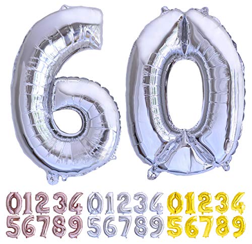 Luftballon Geburtstag Nr. 60 XXL Silber - Riesen Folienballon in 70 cm Geburtstagsdeko | Ballon Zahl Deko zum Geburtstag | fliegt mit Helium (60 Silber) von Desconocido