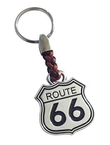 Desi-Schilder Route 66-Glücksbringer-Metall verchromt mit Lederband-Schlüsselanhänger-Keyholder-Schlüssel-Keyrings von Desi-Schilder