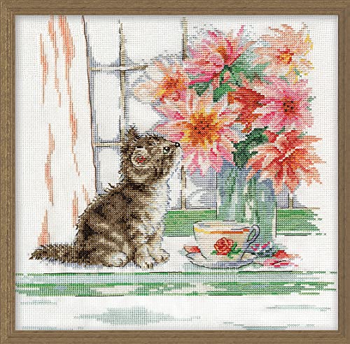 Design Works Crafts 3395 Neugierige Katze Kreuzstich-Set nach Zählmuster, Baumwolle, Multifarbig, 30x30cm von Design Works