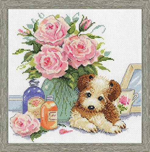 Design Works Crafts Kreuzstich Stickpackung Welpe mit Rosen, Zählmuster von Design Works Crafts