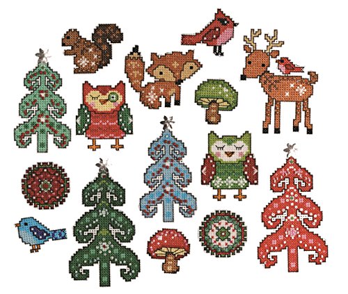 Kreuzstich Stickpackung Weihnachtsbaum-Dekoration Waldfreunde 15er Set, Zählmuster Kreuzstich Stickpackung Weihnachtsbaum-Dekoration Waldfreunde 15er Set, Zählmuster von Designworks Ink