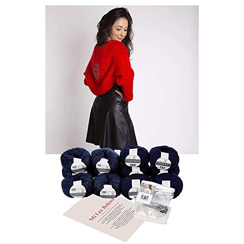DesignEtte Strickset Mi Lee Bolero, 100% Reine Wolle, Superkid Mohair und Seidengarn, schwarzes Strickmuster Stufe 2, inkl. Garn, Musterbroschüre, Swarovski-Perlen, EIN Stück Leinen, Dunkel Blau, XS/S von DesignEtte