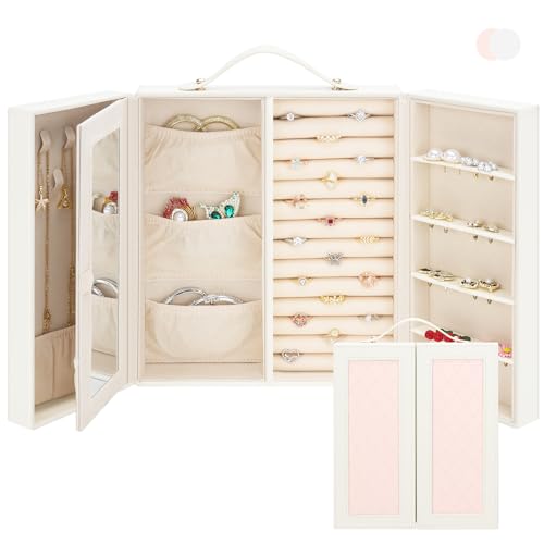 DesignSter Schmuckkästchen, Schmuckschatulle für Damen mit Spiegel, Reise Schmuckaufbewahrung mit Griff für Ringe, Ohrringe, Armbänder und Halsketten, Beige & Rosa DesignSter Schmuckkästchen, Schmuckschatulle für Damen mit Spiegel, Reise Schmuckaufbewahrung mit Griff für Ringe, Ohrringe, Armbänder und Halsketten, Beige & Rosa von DesignSter