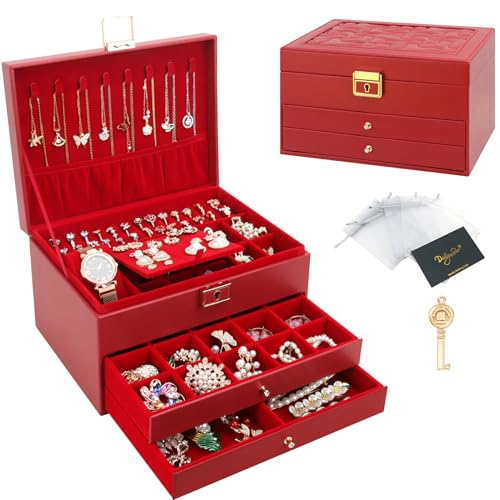 DesignSter Schmuckkasten, Schmuckkästchen mit 3 Ebenen mit Schubladen, PU-Leder Schmuckbox Schmuckschatulle Groß Schmuck Organizer für Ringe Ohrringe Armbänder Halsketten, Rot DesignSter Schmuckkasten, Schmuckkästchen mit 3 Ebenen mit Schubladen, PU-Leder Schmuckbox Schmuckschatulle Groß Schmuck Organizer für Ringe Ohrringe Armbänder Halsketten, Rot von DesignSter
