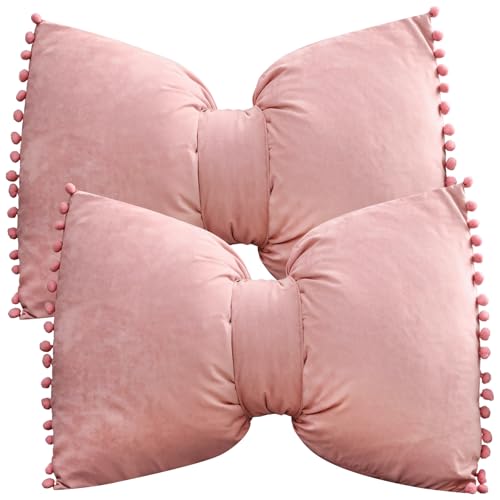 Set mit 2 Kissenbezügen mit Schleife und dekorativen Kugelkanten, Plüschstoff, 50 x 35 cm, für Zuhause und Büro von Deskium