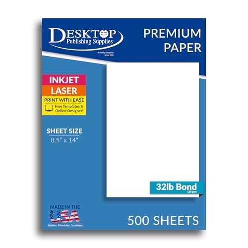 500 Blatt Papier in Rechtsgröße, 14,5 kg, 8,5 x 14 cm, weißes Druckerpapier, 98 hell, 120 g/m², Premium-Dokument, Laser- und Tintenstrahl-kompatibel, hergestellt in den USA 500 Blatt Papier in Rechtsgröße, 14,5 kg, 8,5 x 14 cm, weißes Druckerpapier, 98 hell, 120 g/m², Premium-Dokument, Laser- und Tintenstrahl-kompatibel, hergestellt in den USA von Desktop Publishing Supplies