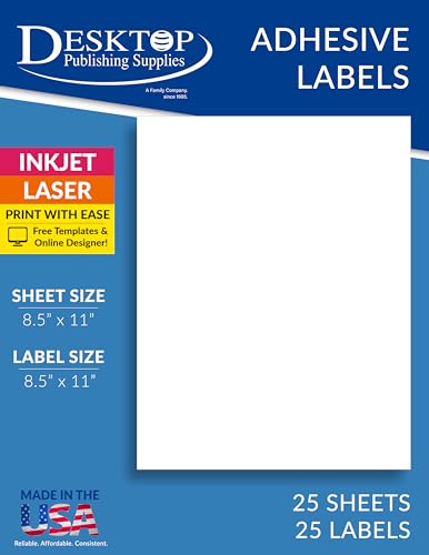 Vollblatt-Versandetiketten – 21,6 x 27,9 cm – 25 Blatt/25 Etiketten | weiß matt – Tintenstrahl- und Laser-kompatibel von Desktop Publishing Supplies