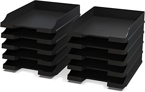 10er Set Briefablage DIN A4 Schwarz - Ablagefächer stapelbar - Dokumentenablagen - Stapelbarer Schreibtisch-Organisator - Büroablage aus Kunststoff - Papierablagehalter - Postkörbe - 35x25x5,2 cm von Detectalia